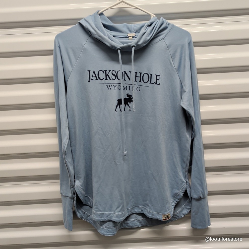 Techstyles Jackson Hole Wyoming Hoodie Women's Small Blue Moose Graphic Pullover
